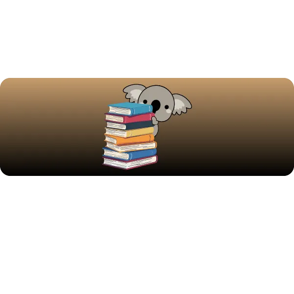 Koda the koala behind a stack of books